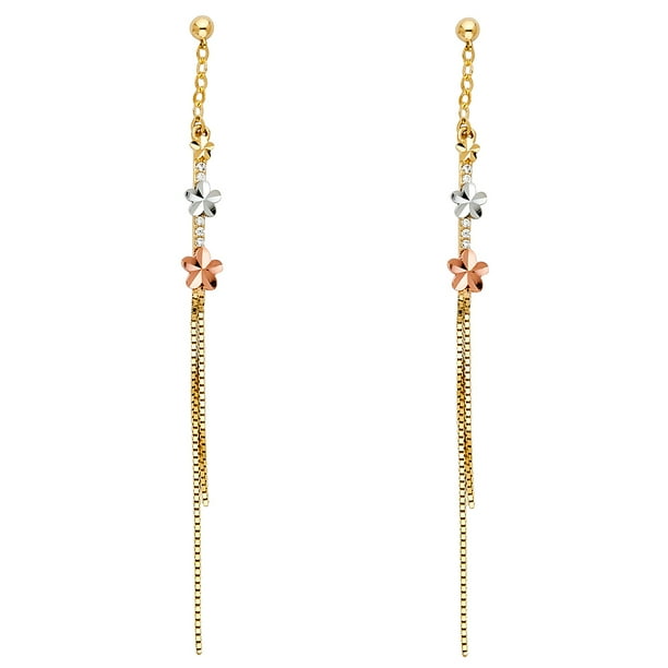 14k Yellow Gold Rose Dangle Earrings Long Chain Flower Hanging Diamond Cut Solid 14k Yellow Gold Rose Dangle Earrings Long Chain Flower Hanging Diamond Cut Solid